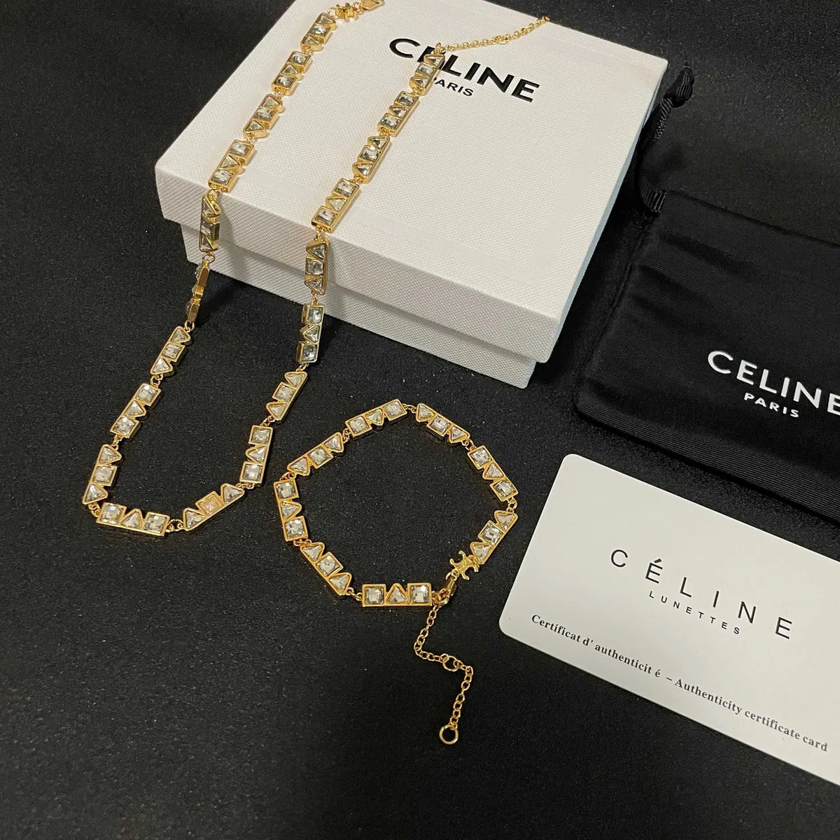 Celine Gold Crystal Set - Celine Gold Crystal Square Necklace &