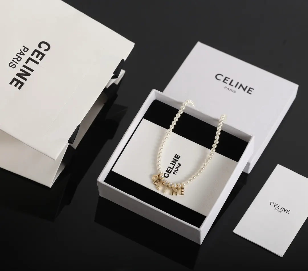 Celine Pearl Letter Necklace gold - Celine Pearl Letter Necklace