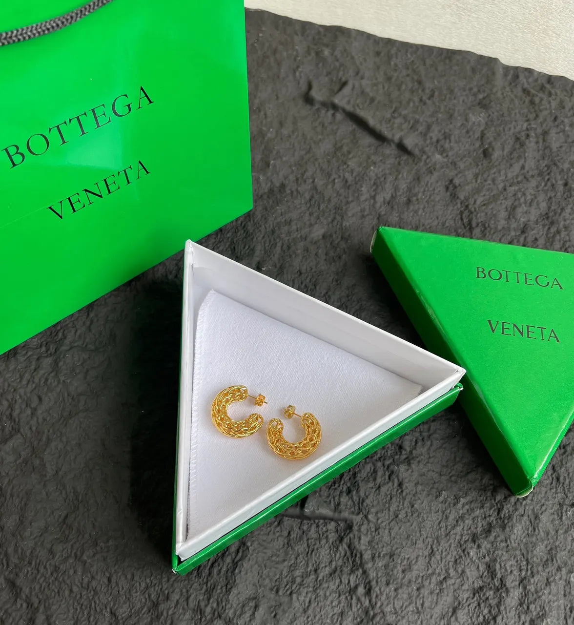designer jewelry Bottega Veneta Gold Woven Hoop Earrings - Bottega