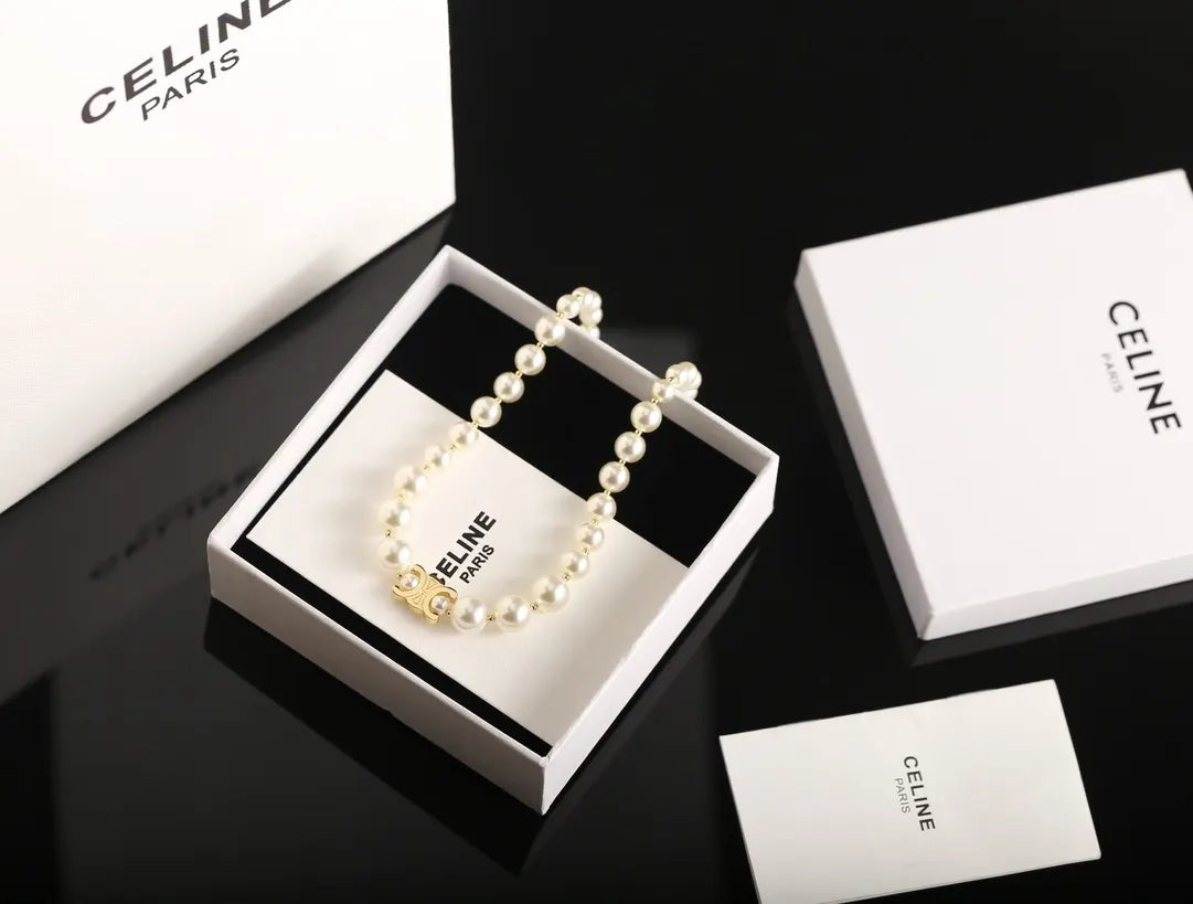 elegant Celine Gold Triomphe Pearl Necklace - Celine Gold Triomphe