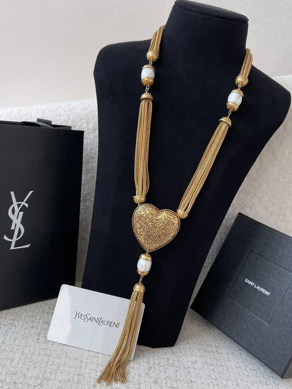 Saint Laurent Gold Heart Pearl Necklace tassel - Saint Laurent Gold