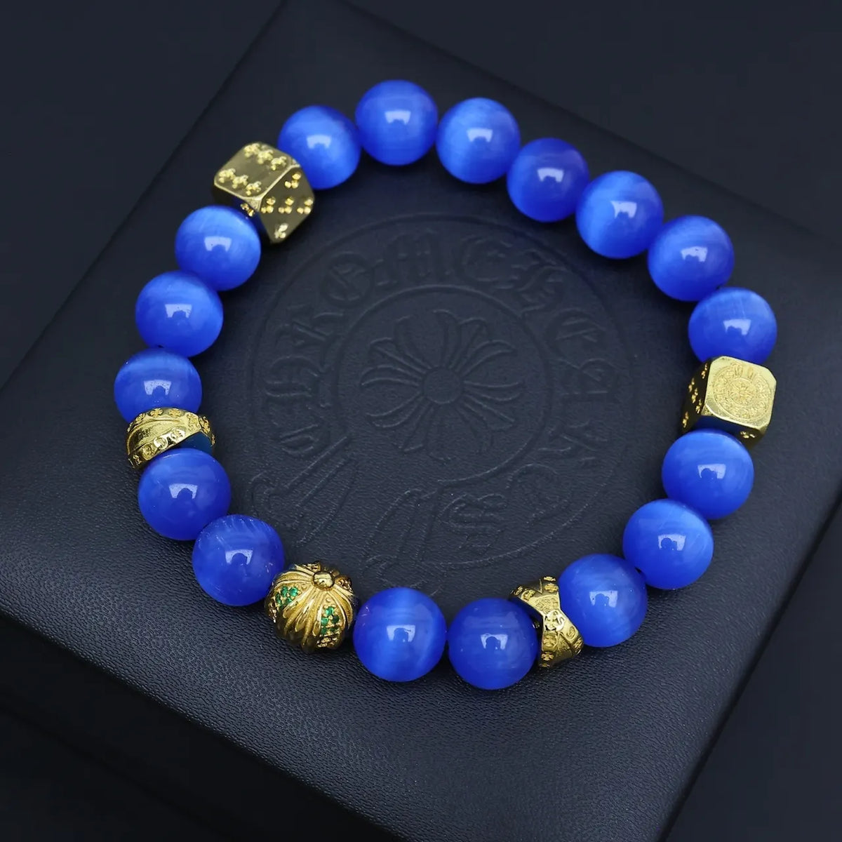 Premium Blue Cat Eye Stone Bracelet with Gold Accents
