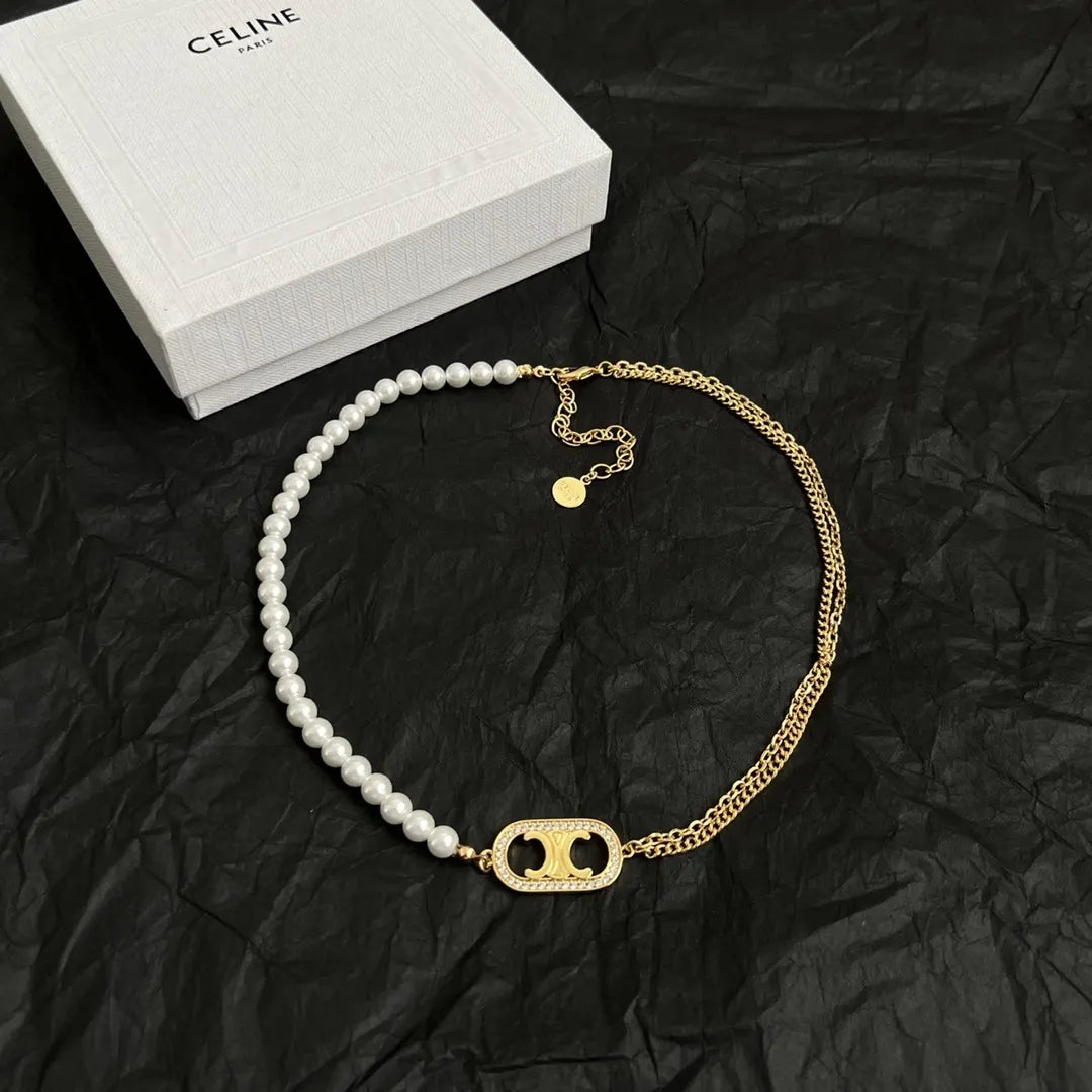 Celine Pearl Gold Necklace chain - Celine Pearl & Gold Chain Necklace