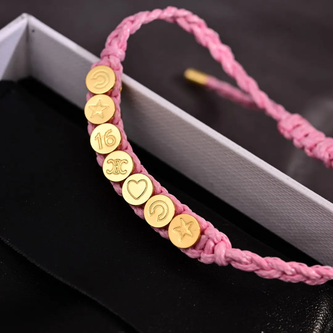 Pink Cord Bracelet with Gold Charms - Premium Quality