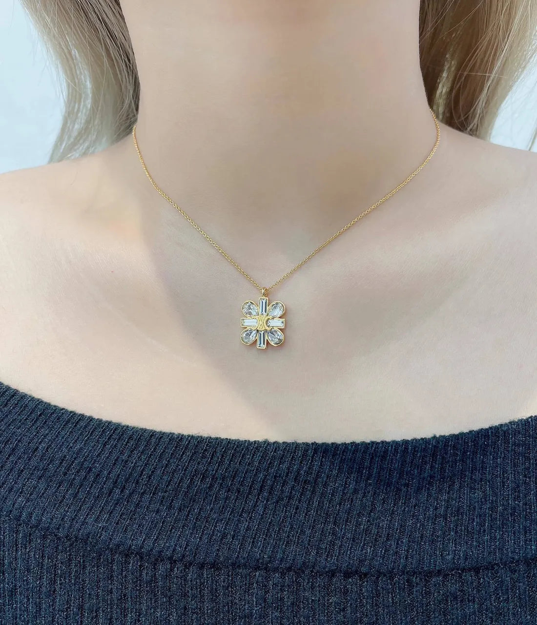 Celine Gold Baguette Crystal Pendant - Chic Necklace