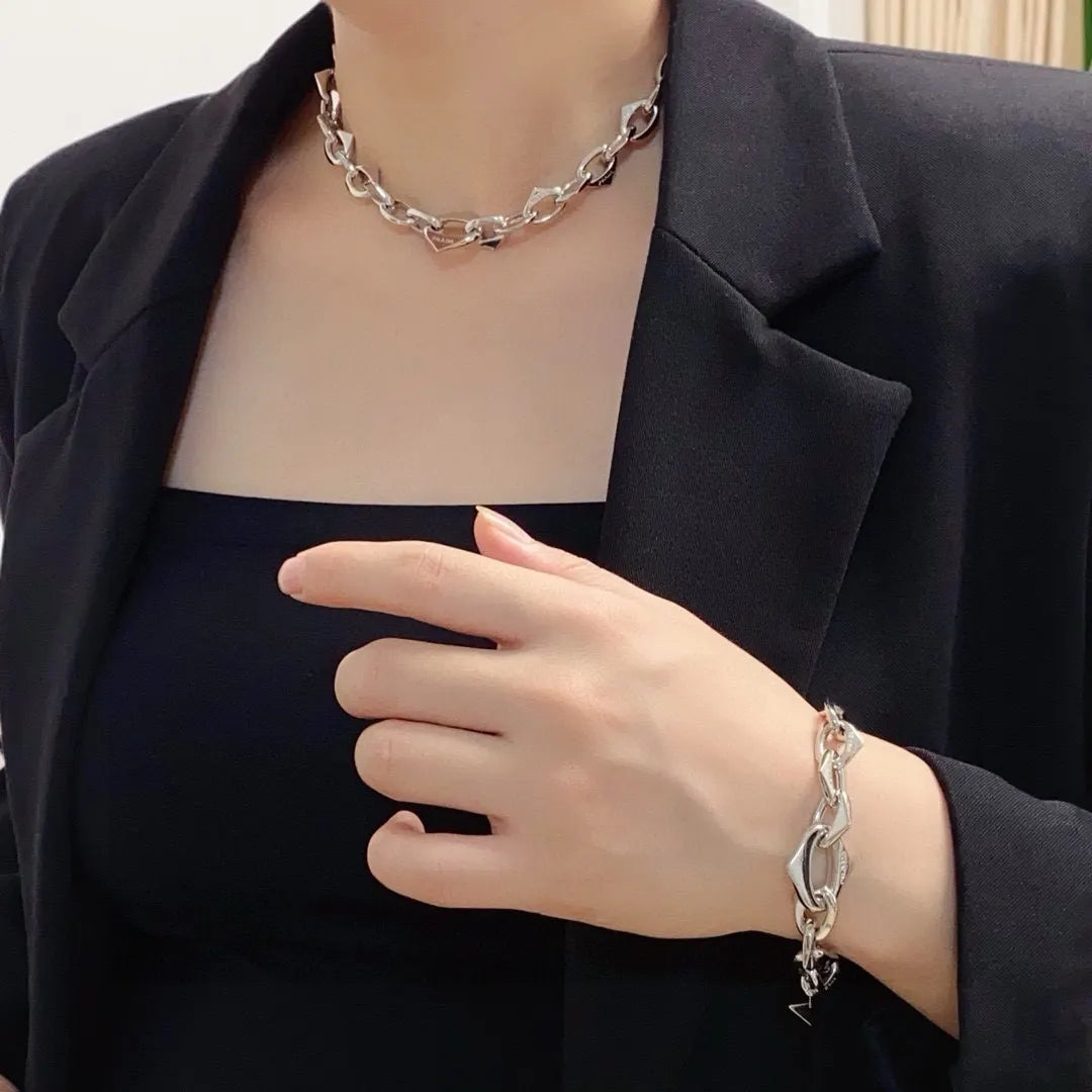 modern Silver Chain Link Set - Modern Silver Chain Link Necklace &
