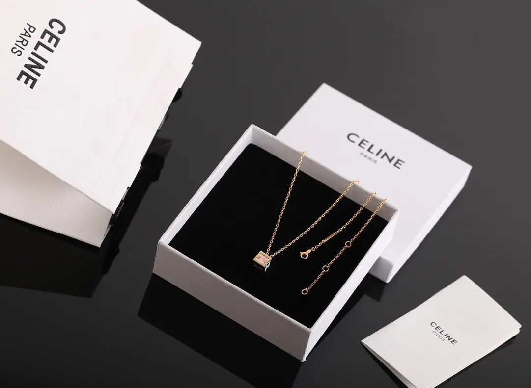 Celine Gold Cube Pendant Necklace iridescent - Celine Gold Cube