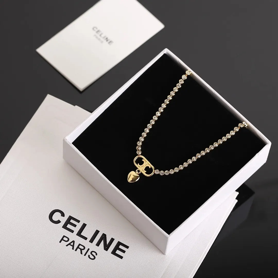 Celine Gold Crystal Heart Necklace - Triomphe Charm