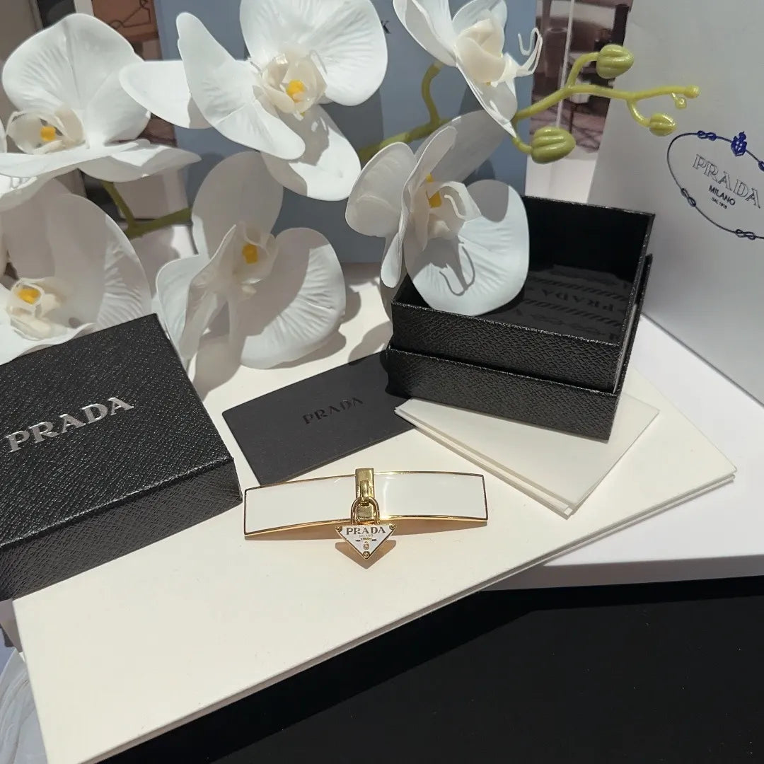 logo Prada White Gold Barrette - Prada White & Gold Logo Barrette
