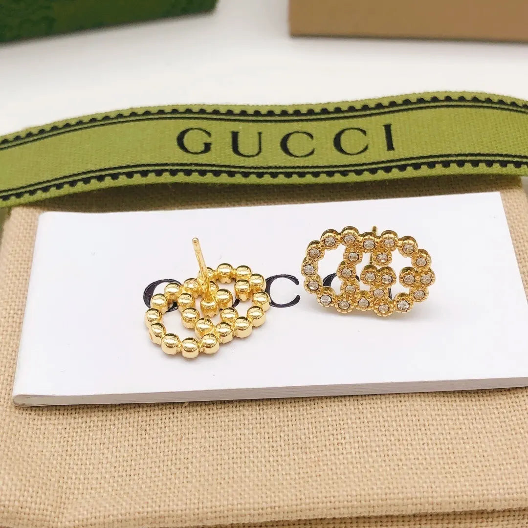 Gucci Gold Crystal GG Stud Earrings designer sparkle - Gucci Gold