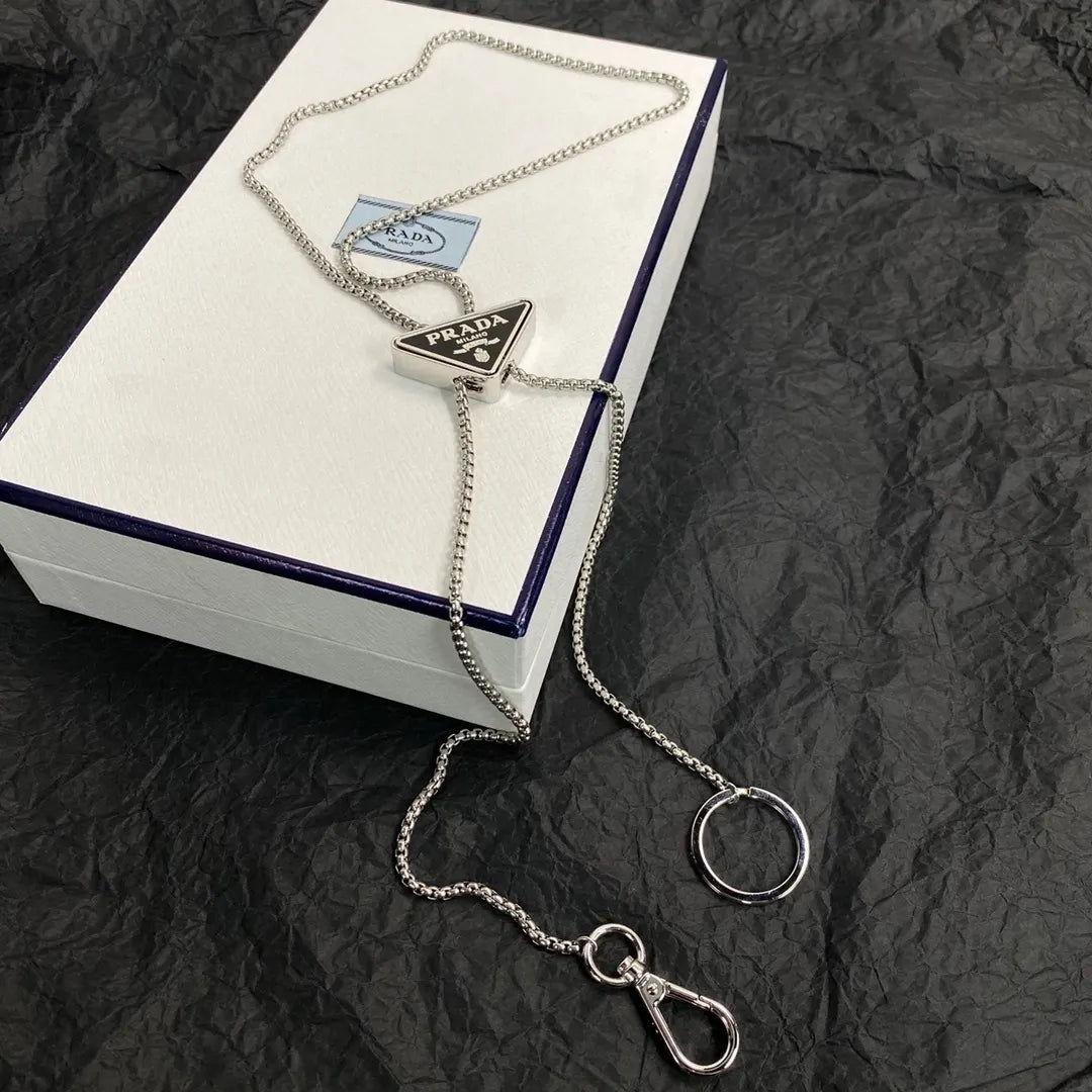 Prada Silver Triangle Logo Chain Lanyard - Sleek Accessory
