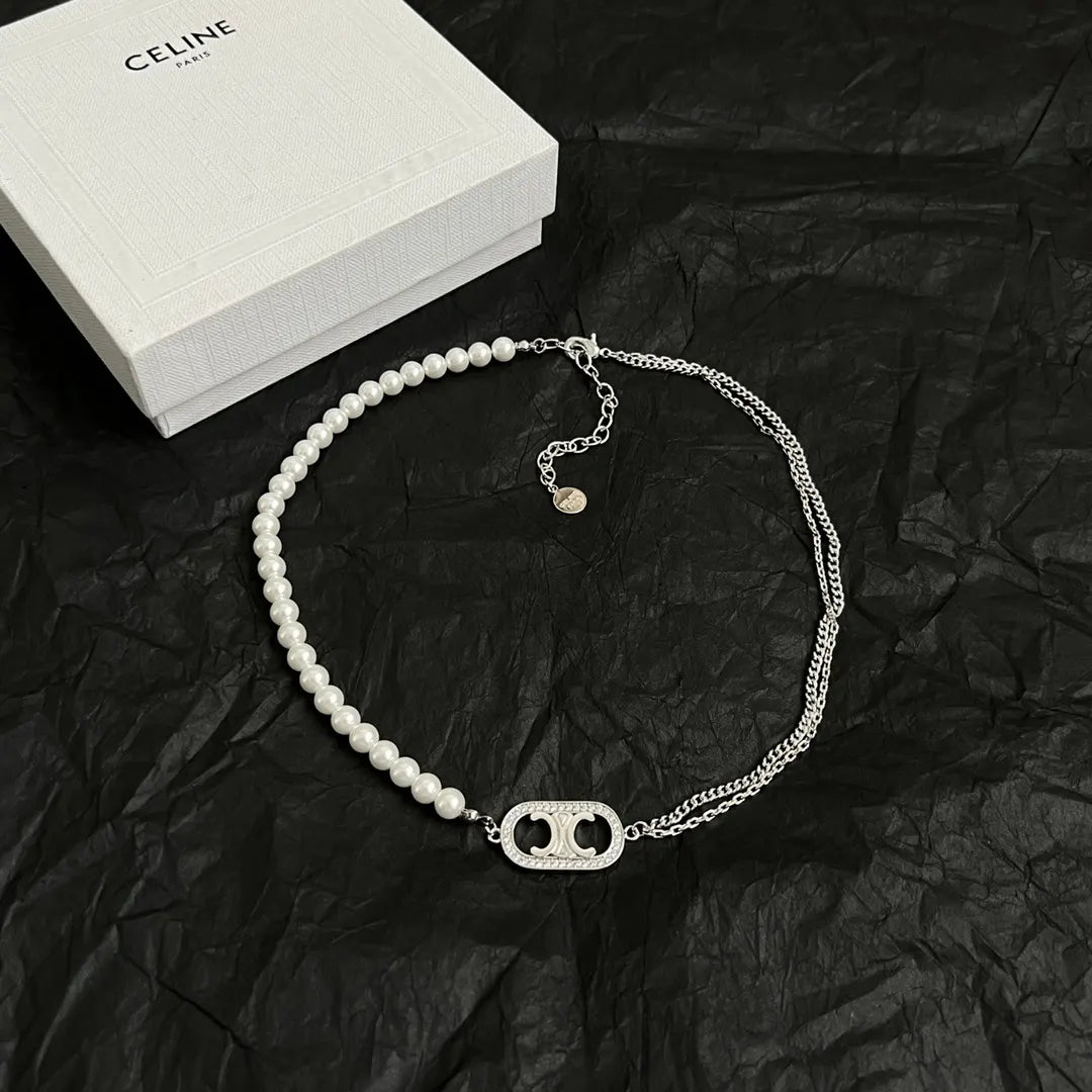 elegant Celine Silver Pearl Triomphe Necklace - Celine Silver Pearl