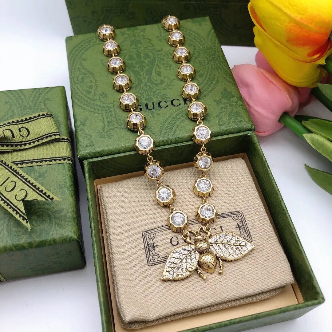 Gucci Gold Bee Crystal Necklace statement jewelry - Gucci Gold Bee