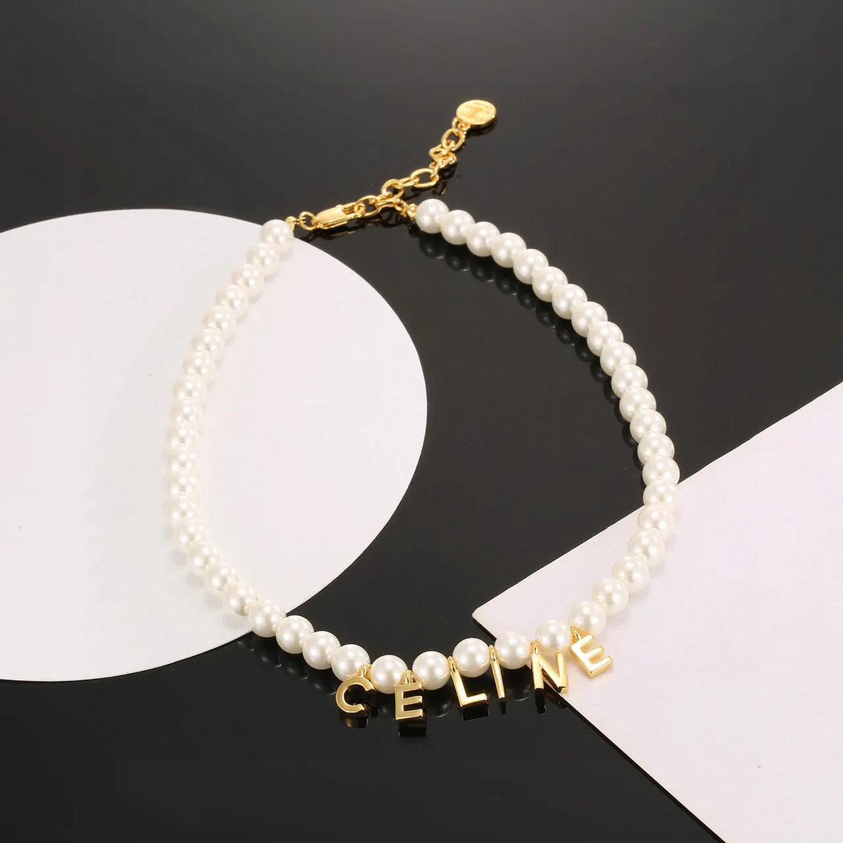 elegant Celine Pearl Necklace Gold Lettering - Celine Pearl Necklace