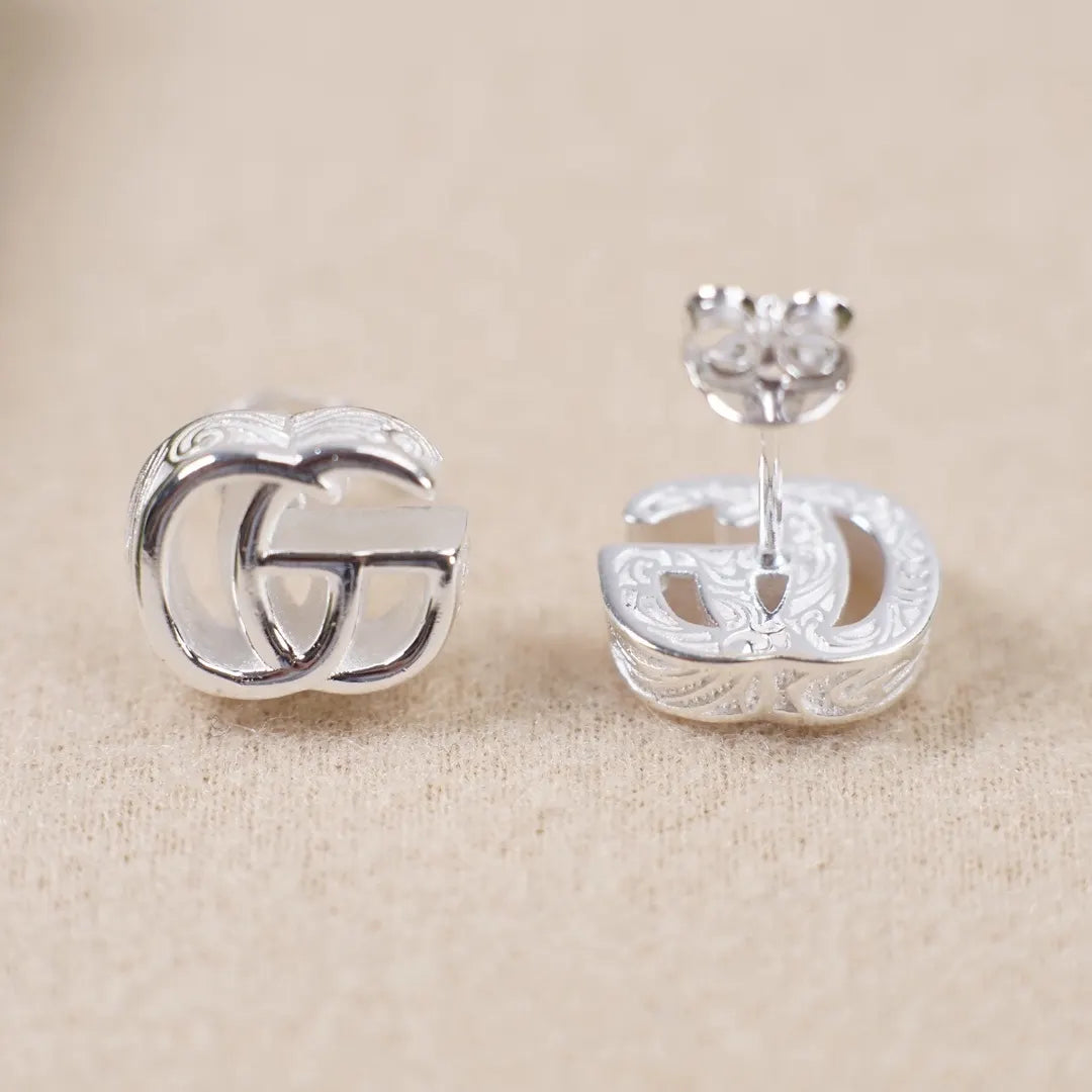 engraved Gucci Silver GG Stud Earrings - Gucci Silver Engraved GG Stud