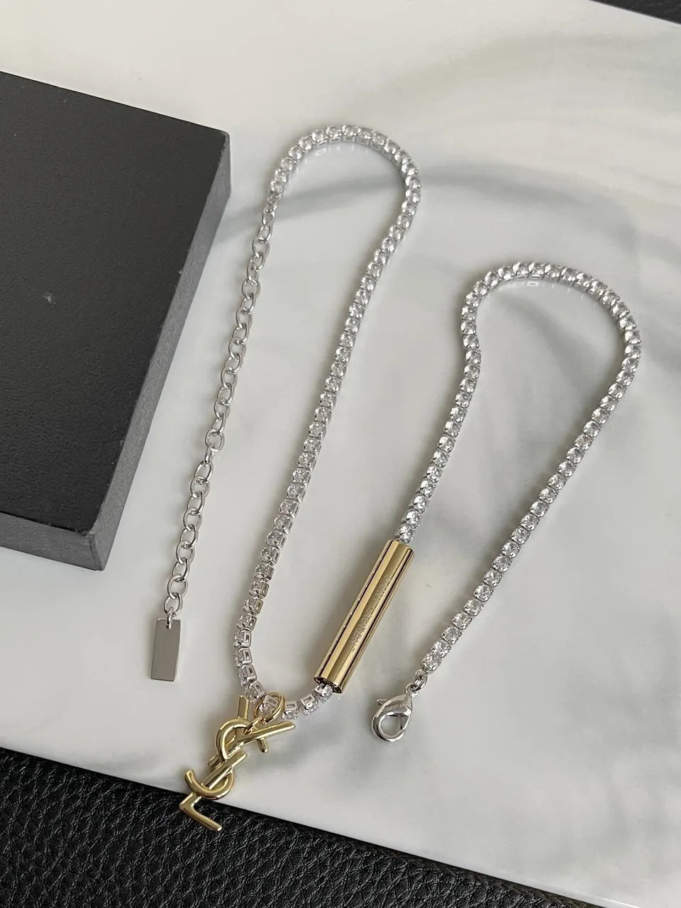 link YSL Silver Crystal Necklace - YSL Silver Crystal Y-Link Necklace