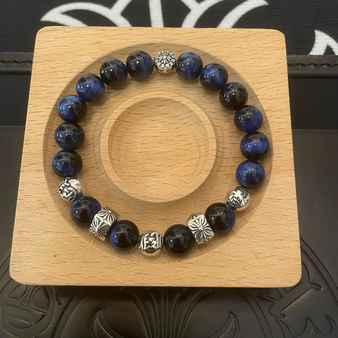 Blue Tiger Eye Bracelet with Sterling Silver Accents