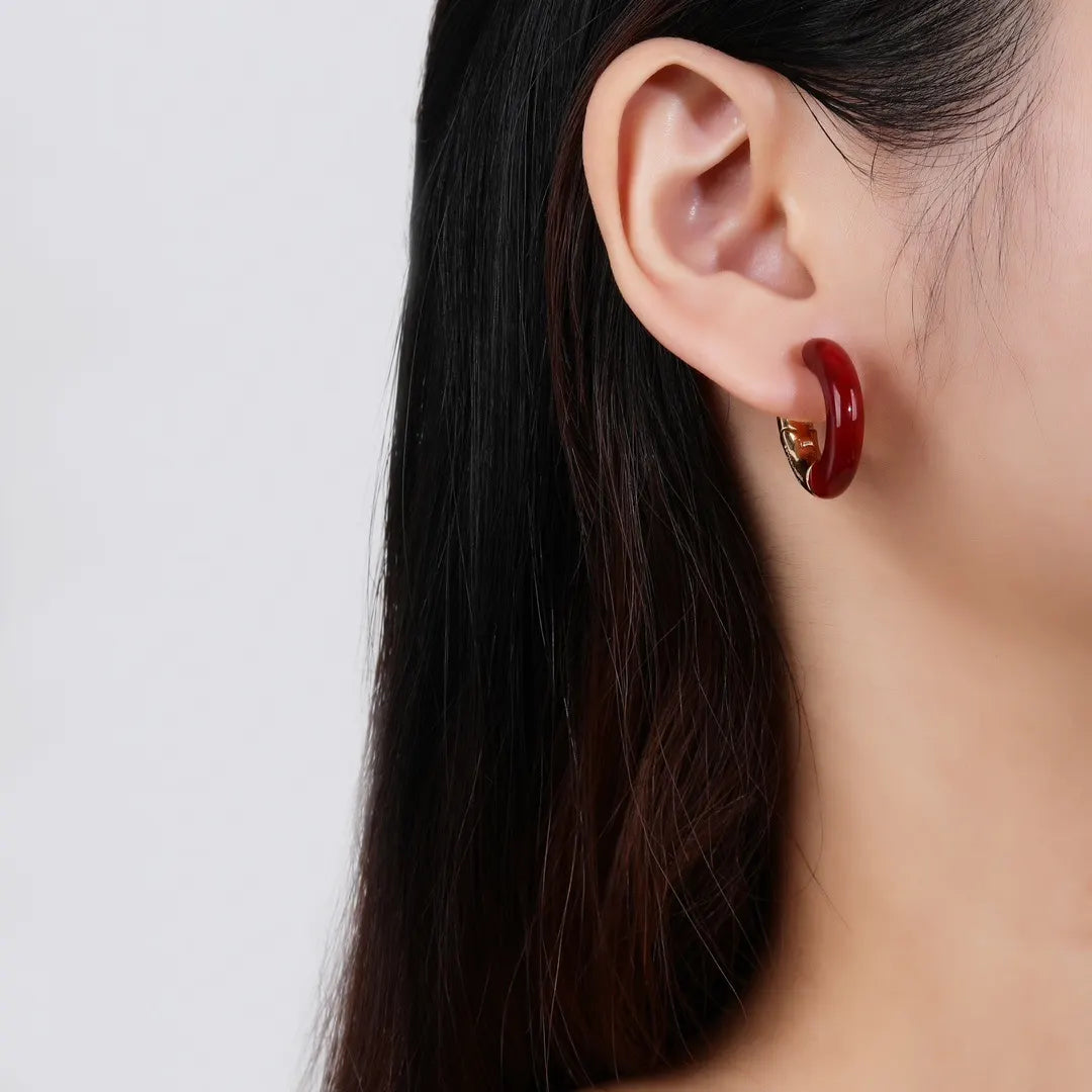 Burgundy Resin Hoop Earrings - Gold Accent Designer Style