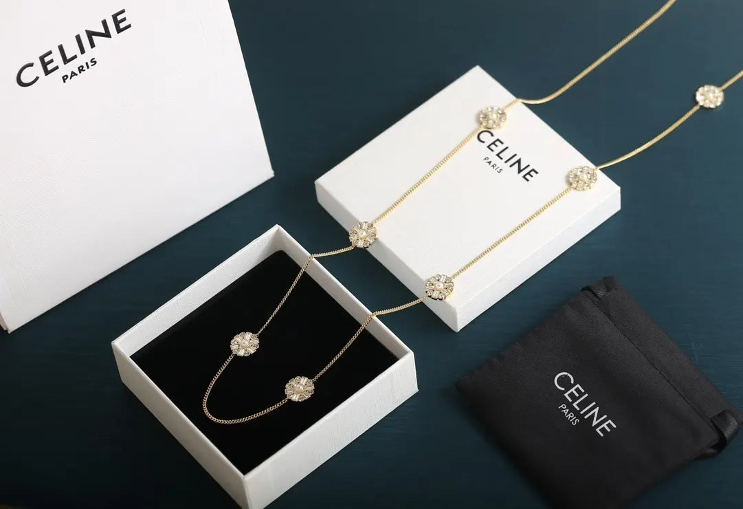 Celine Gold Flower Necklace - Celine Gold Flower Station Necklace