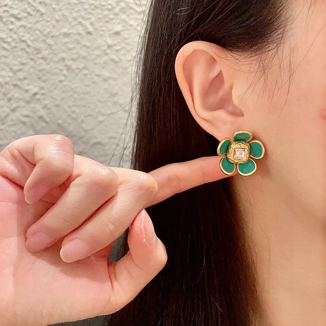 Green Enamel Flower Stud Earrings designer - Green Enamel Flower Stud
