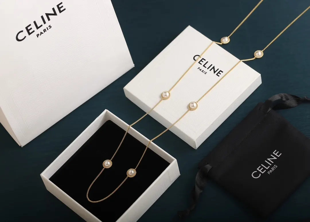 station delicate Celine Gold Pearl Necklace - Celine Gold Pearl