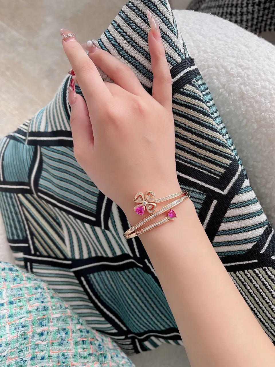 Rose Gold Clover Bracelet with Pink Gemstones