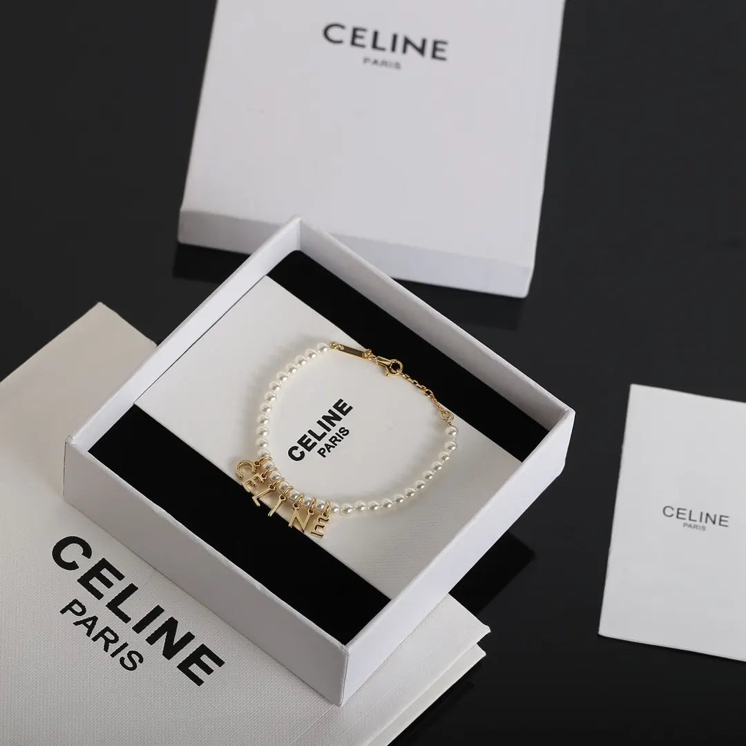 Celine Pearl & Gold Letter Charm Bracelet - Premium Quality