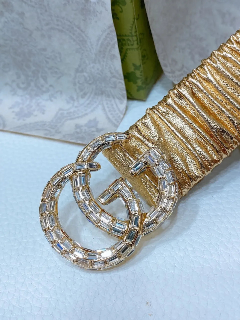Gucci Gold Crystal GG Belt - Ruched Leather