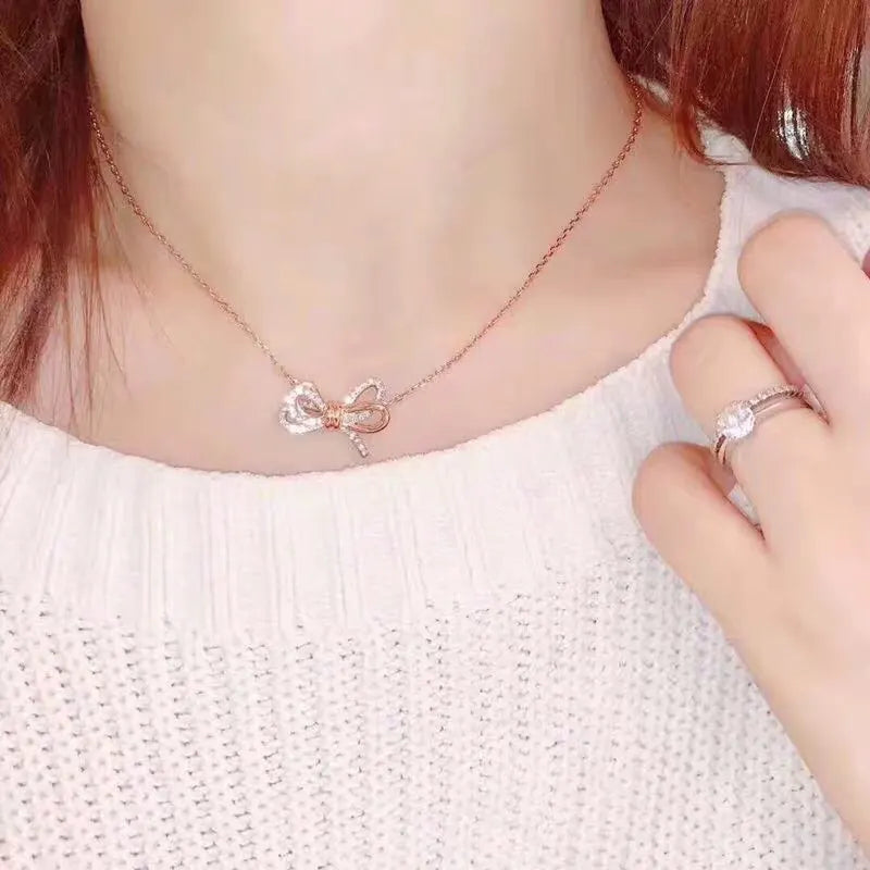 Swarovski Rose Gold Bow Necklace - Swarovski Rose Gold Crystal Bow