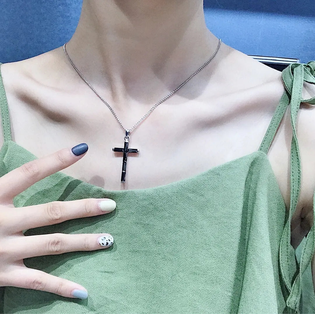 Black Crystal Cross Silver Necklace - Elegant Pendant