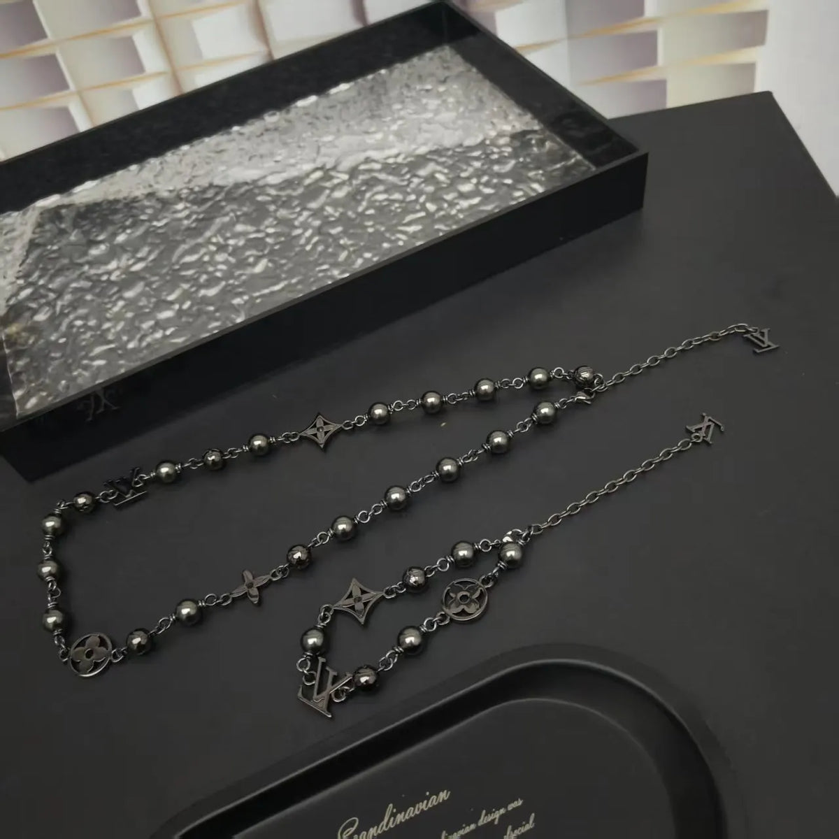LV Black Beaded Charm Necklace - Designer Statement Piece