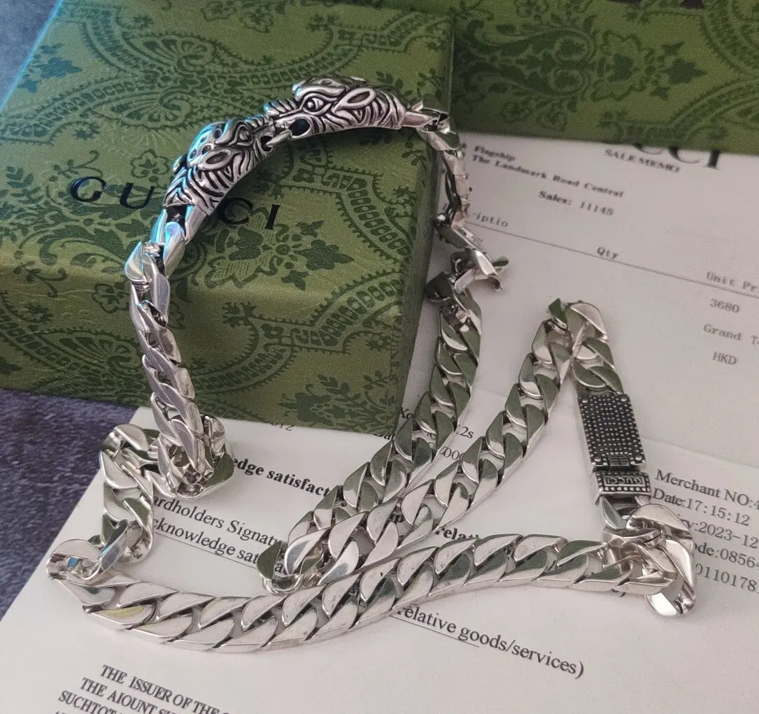 Gucci Silver Lion Head Chain Necklace - Statement Piece