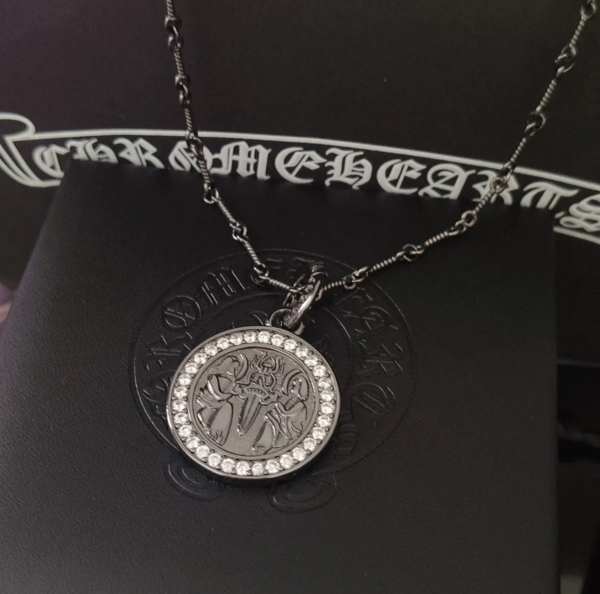 Chrome Hearts Black Coin Pendant Necklace - Crystal Halo