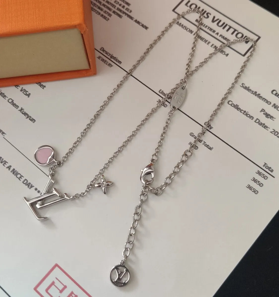 LV Silver Pink Heart Charm Necklace - Designer Pendant