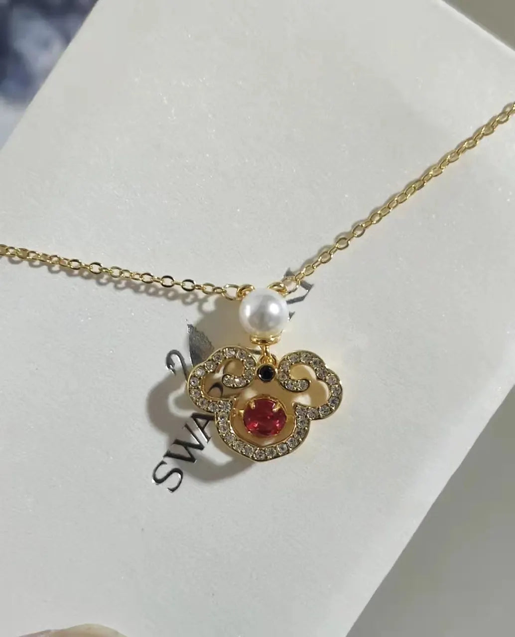 Swarovski Gold Mickey Pendant Necklace - Red Crystal Accent