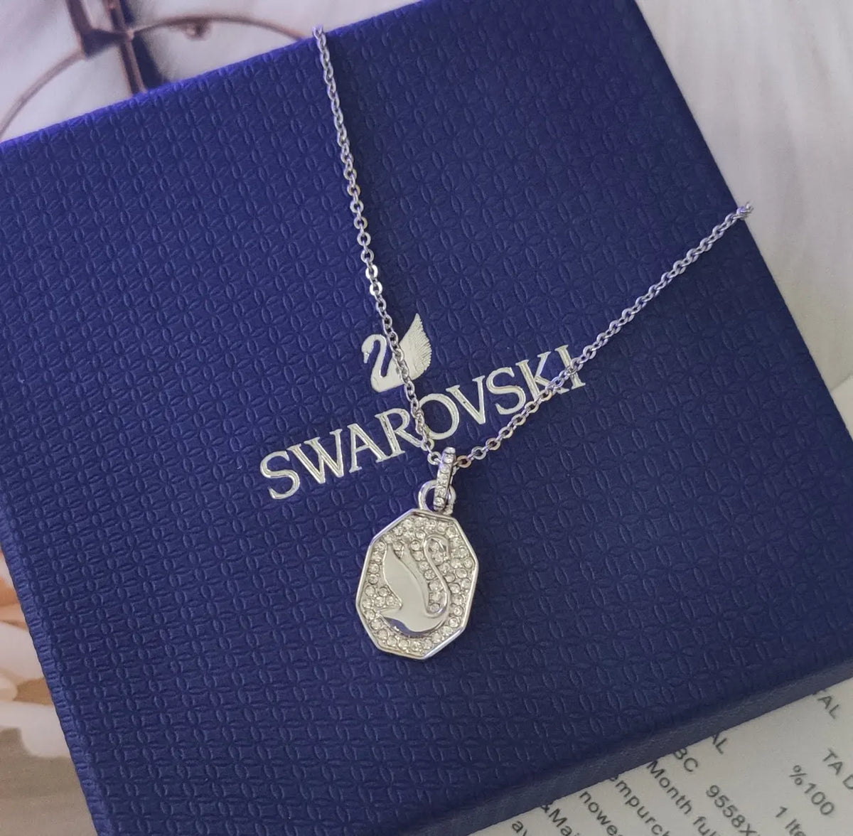 Swarovski Silver Swan Octagon Necklace - Crystal Pave