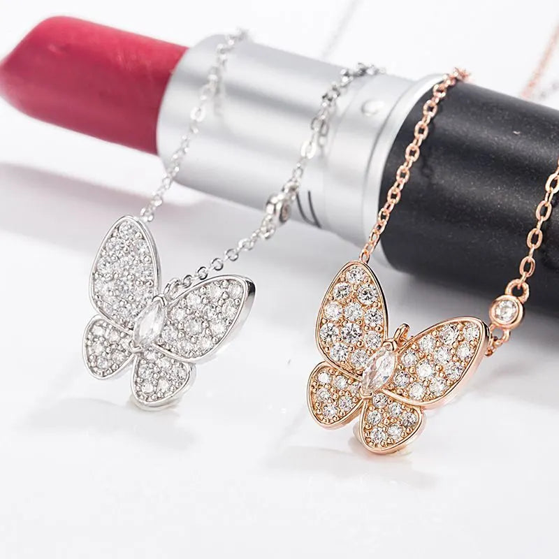 Sparkling Butterfly Pendant Necklace - Silver & Rose Gold
