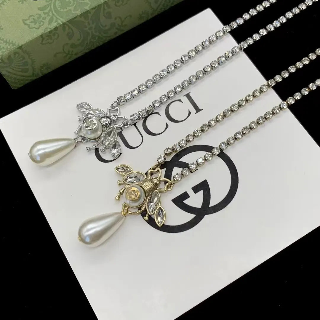 Gucci Crystal Bee Pearl Necklace - Silver & Gold Tone