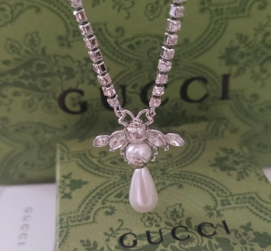 Gucci Silver Crystal Bee Pearl Necklace - Designer Pendant