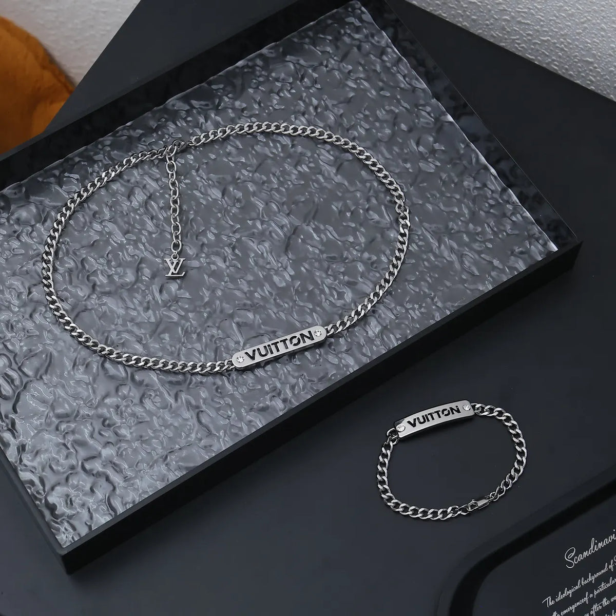 Louis Vuitton Silver Chain Set - LV Logo Necklace & Bracelet