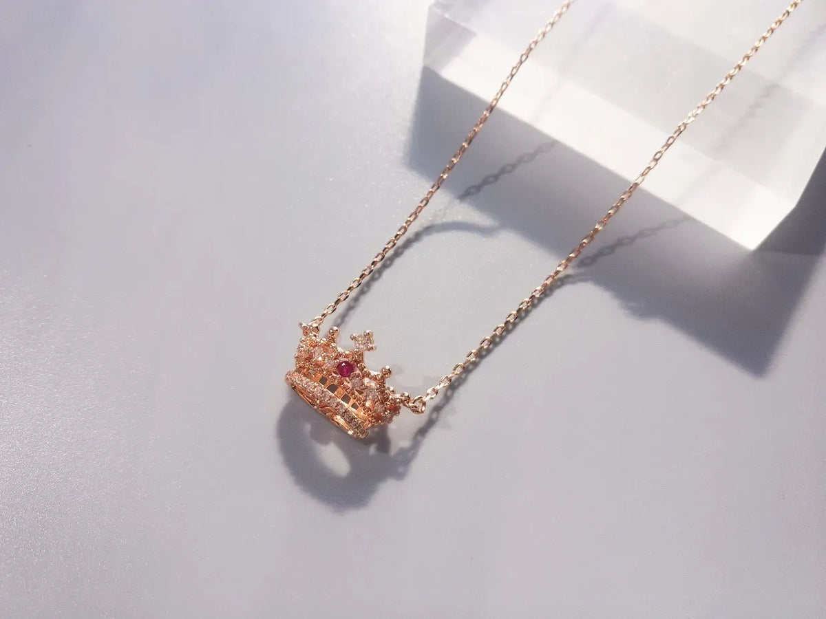 Rose Gold Crown Necklace - Rose Gold Crown Pendant Necklace - Ruby
