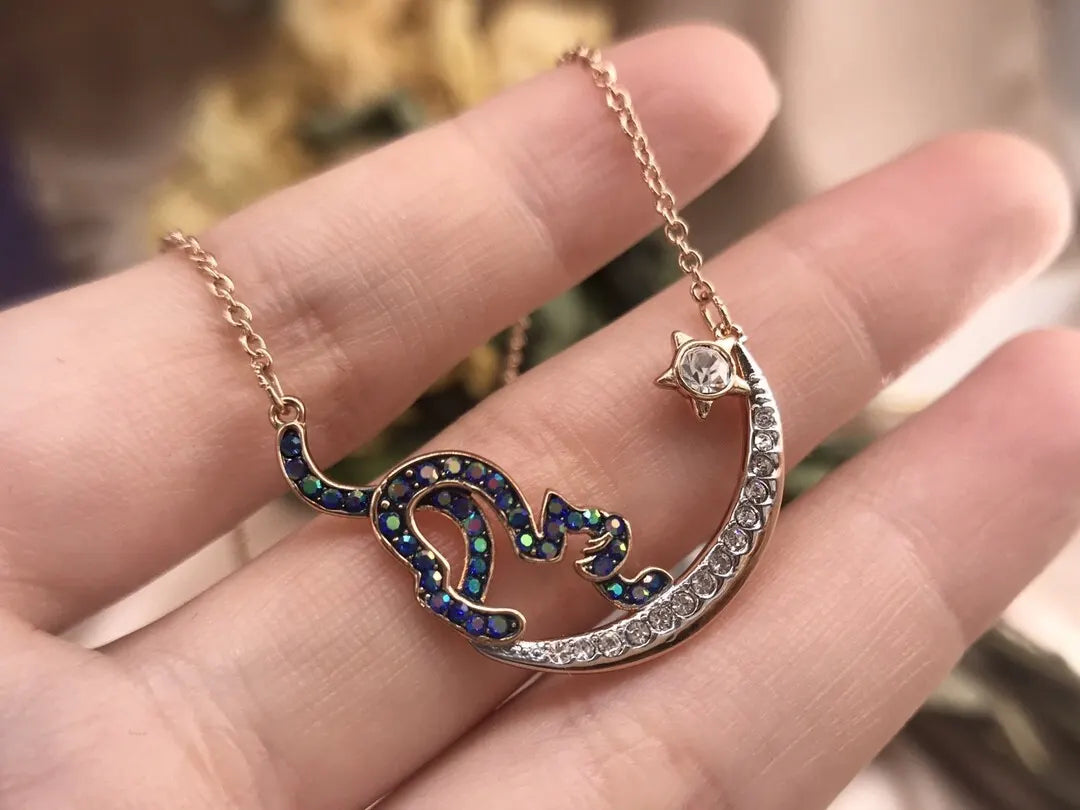 Swarovski Rose Gold Cat & Moon Necklace - Crystal Accent