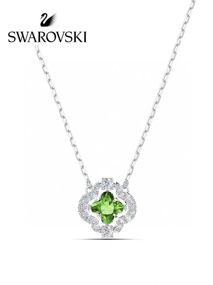 Swarovski Green Clover Pendant Necklace - Silver Tone