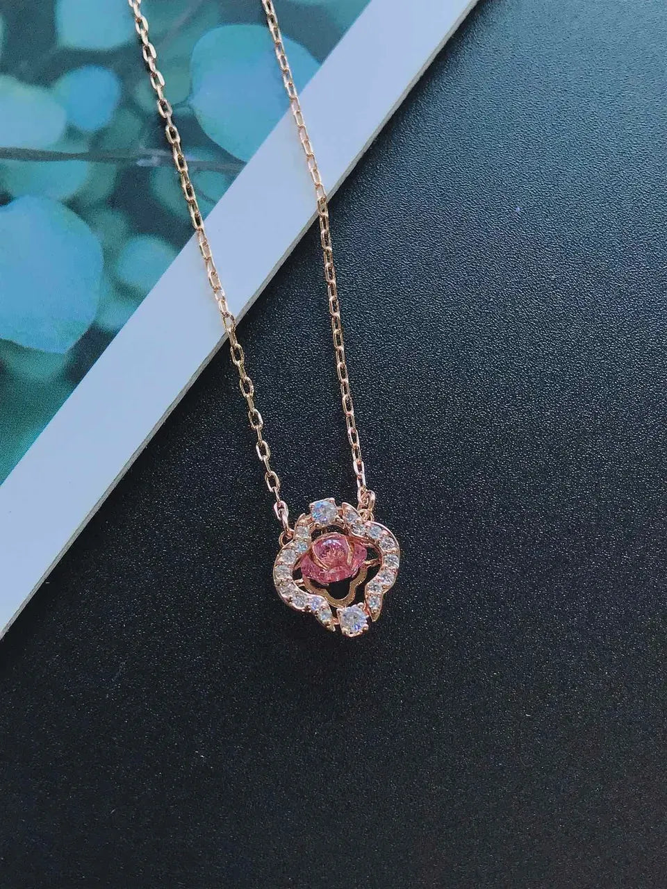 Swarovski Rose Gold Pink Clover Necklace - Delicate Charm