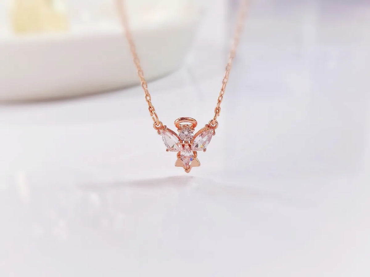 Rose Gold Angel Wing Necklace - Cubic Zirconia Accent