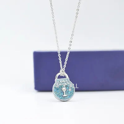 Swarovski Silver Lock Pendant - Blue Crystal Necklace