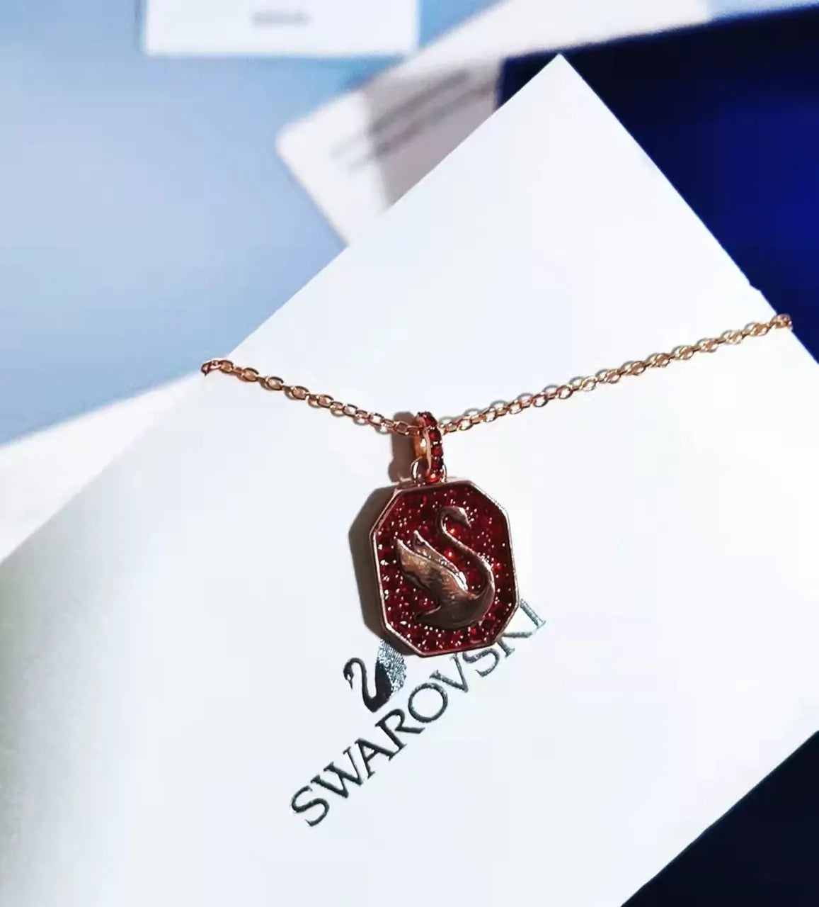 Swarovski Rose Gold Swan Pendant - Red Crystal Accent
