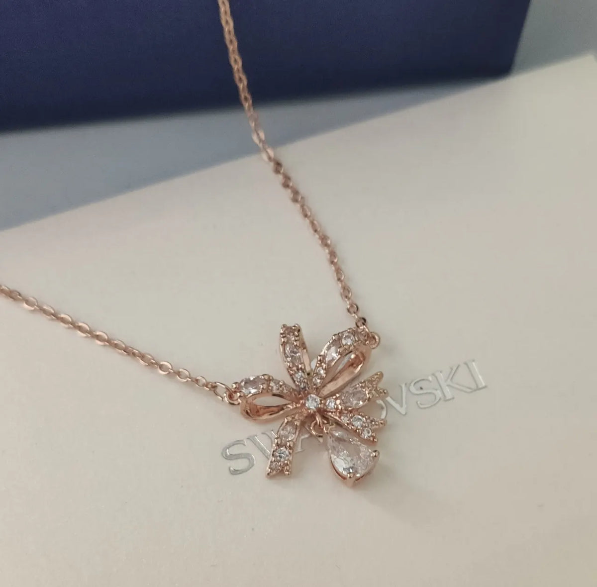 Swarovski Rose Gold Ribbon Pendant Necklace - Crystal Accents