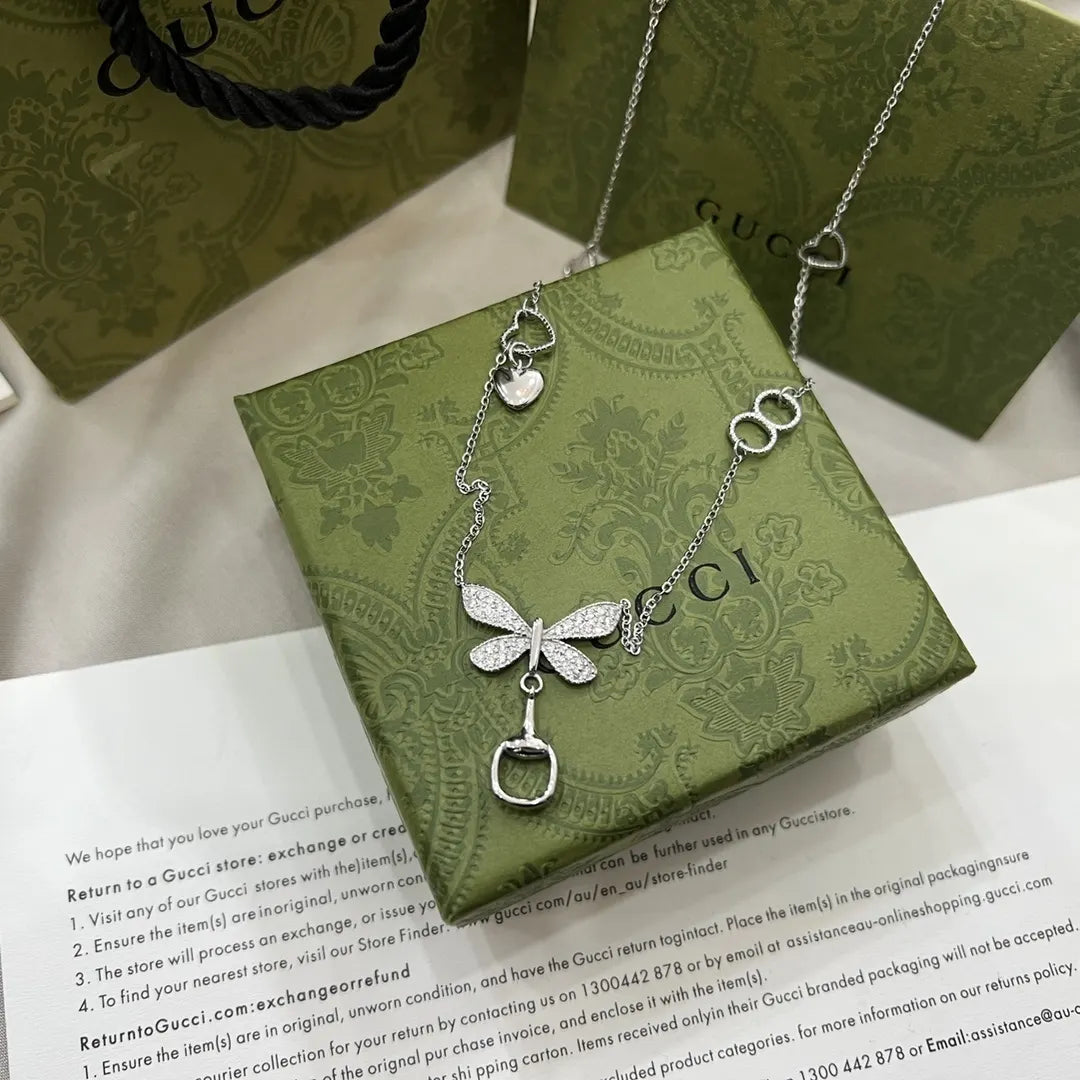 Gucci Silver Butterfly Charm Necklace - Crystal Accents