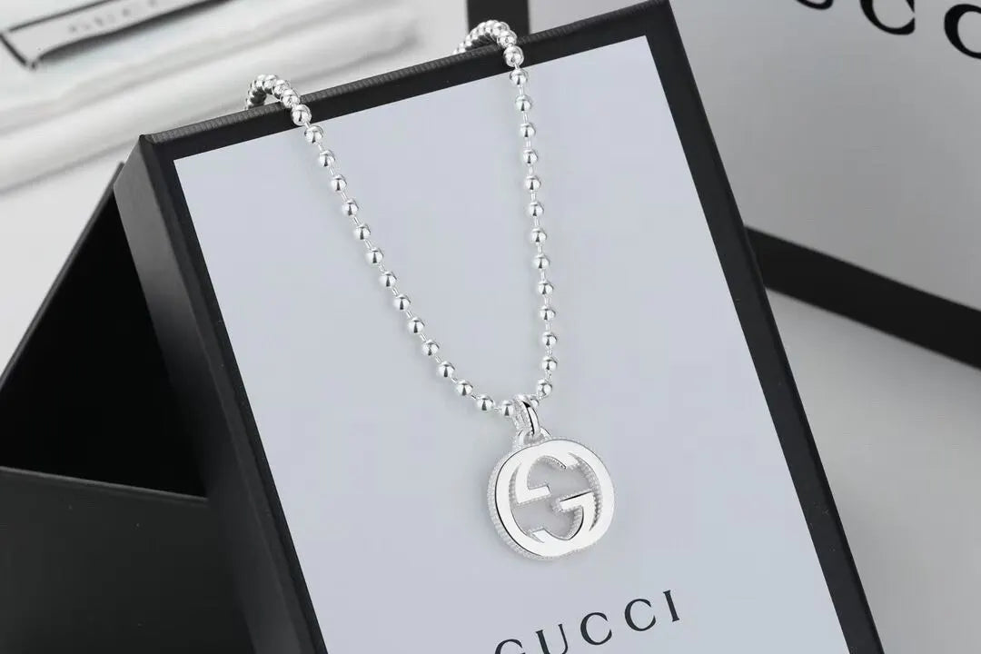 Gucci Sterling Silver GG Pendant Necklace - Beaded Chain